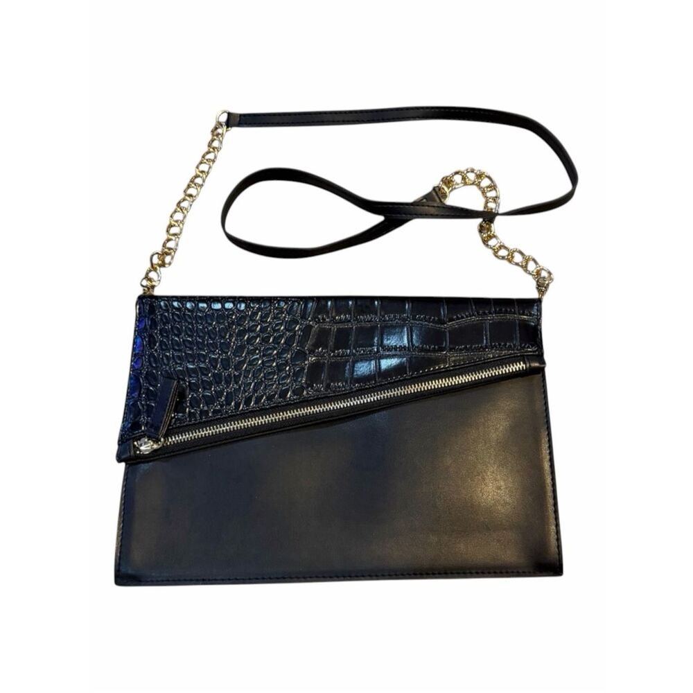 Black Croc Embossed Faux Leather Crossbody Clutch Purse Gold Chain Strap Diagona